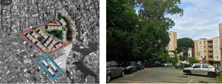 Aerial view of the Barra do Jacaré estate in northwest São Paulo, as shown via Google Maps, alongside an external view of trees and parked cars with buildings in the background, under a blue sky.