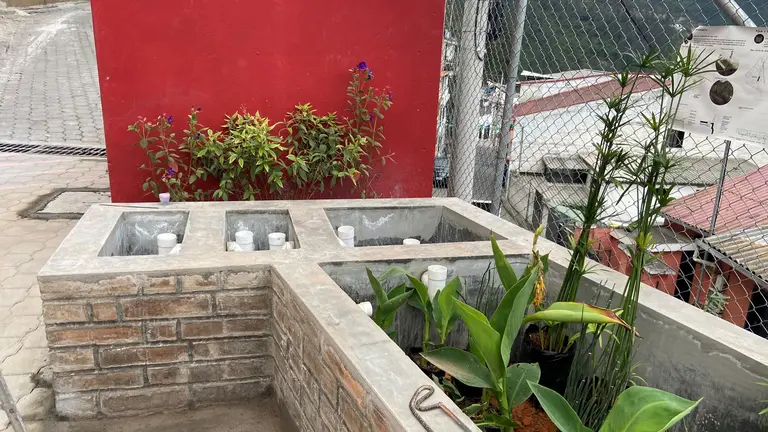 A cement block with plants growing out of it.