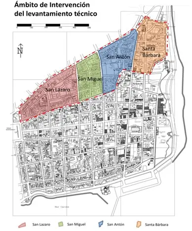 Map of a city. Title reads "scope of intervention of the technical survey" in Spanish.