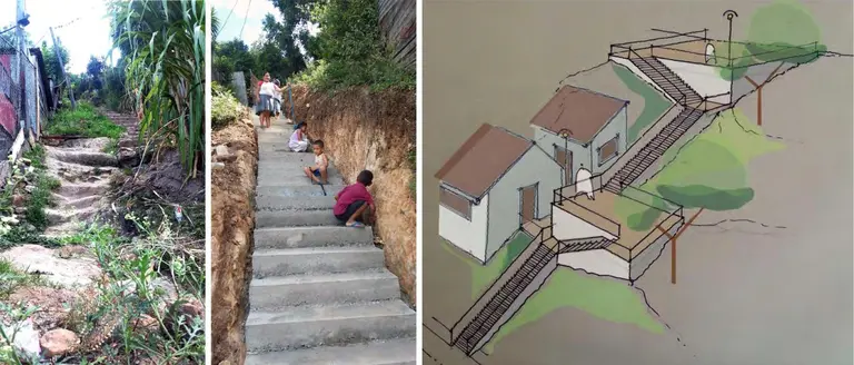 Three images: the first shows uneven, dangerous steps; the second shows people tidying up cleaner, safer steps; the third in an artists diagram of a house with with safe stairways.