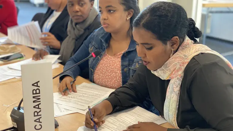 A woman, seated behind a sign indicating a country she is representing, contributes to a discussion.