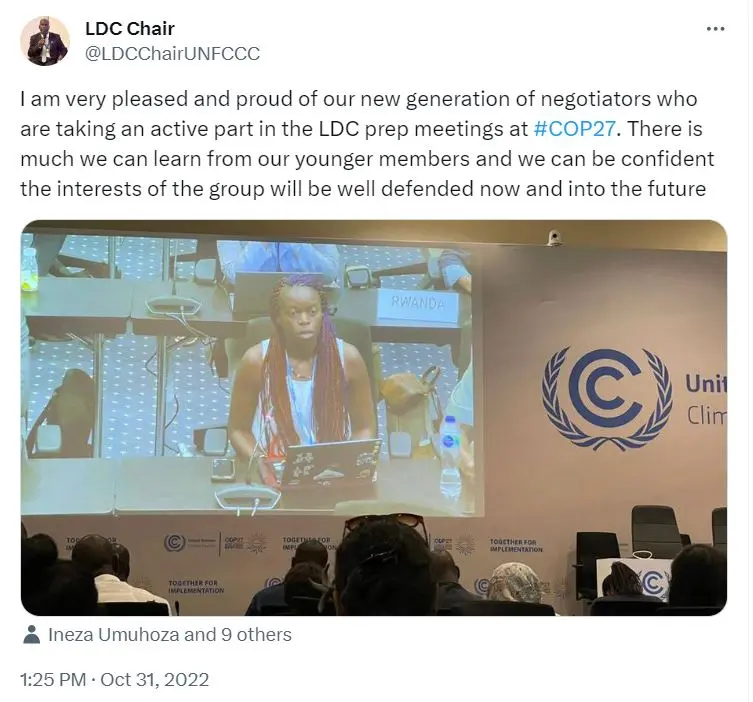 A tweet from the LDC Group chair, with an image of a female negotiator. The tweet says: the LDC Group chair shared her excitement at seeing a new generation of negotiators in action, tweeting: ”I am very pleased and proud of our new generation of negotiators who are taking an active part in the LDC pre-meetings at #COP27. There is much we can learn from our younger members, and we can be confident the interests of the group will be well defended now and into the future."