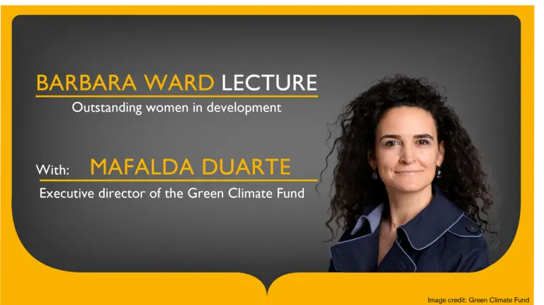 Head and shoulders photo of a woman alongside the words: "Green Climate Fund executive director Mafalda Duarte" and "Barbara Ward Lecture 2024"