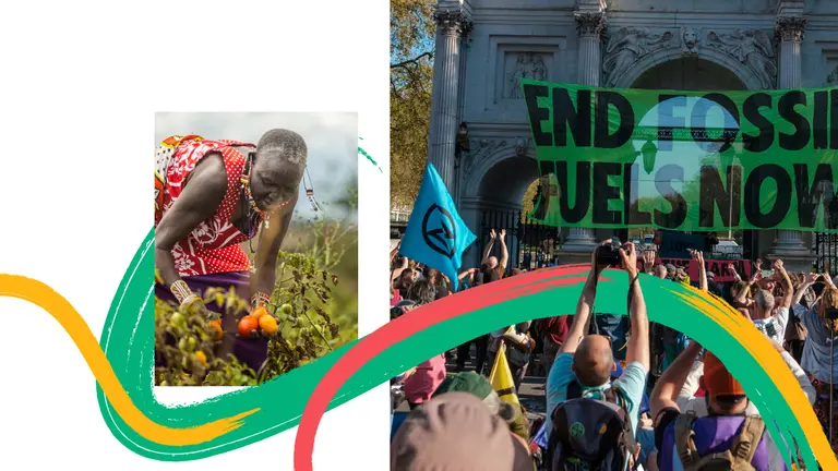 collage of 2 images: woman harvesting tomatoes in Kenya and climate protest in London
