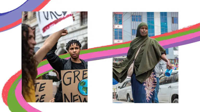 Protester and woman in street collage