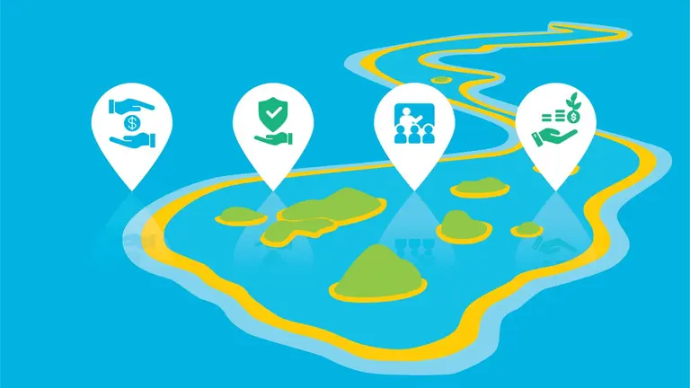 Infographic of a group of islands and four icons floating above it. The graphics are: dollar sign between two hands, check sign floating above a palm, person speaking in front of a group and coins and a dollar sign floating above a palm. 