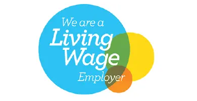 Logo comprising blue, yellow and orange overlapping circles, stating "We are a living wage employer".