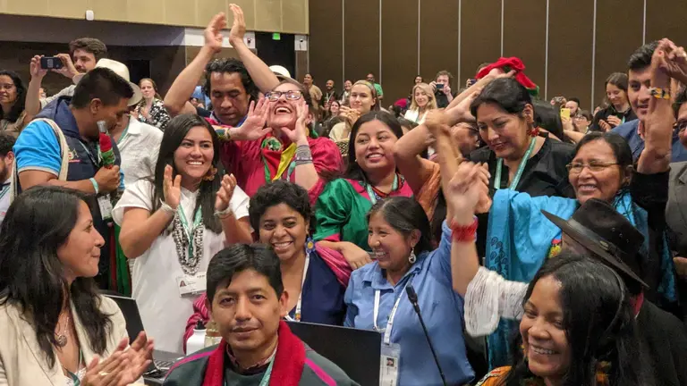 Members of the International Indigenous Forum on Biodiversity celebrate the adoption of the decision on the new Subsidiary Body for Indigenous Peoples and Local Communities at the closing plenary of COP16.