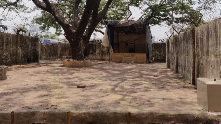 A derelict area of ground with a blank patch of ground and a tree at the back.