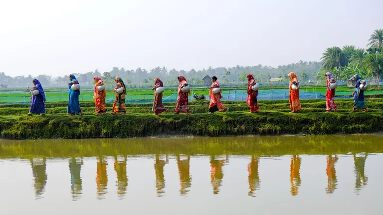 Group of women walking along the bank of a river, carrying big canisters on the way to get fresh water. They are wearing traditional, colorful clothing.