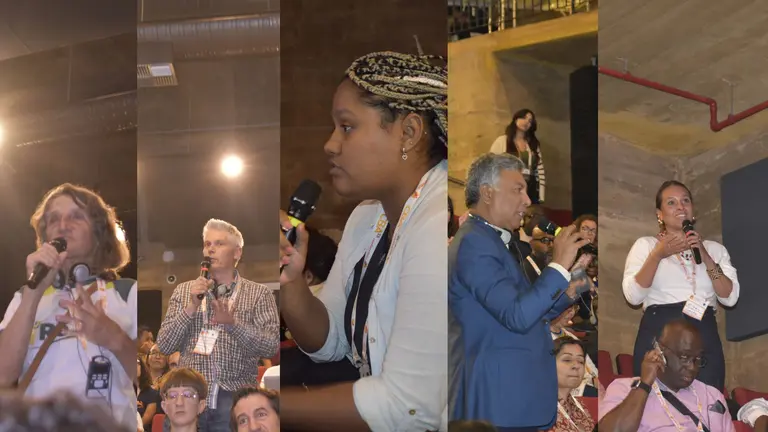 Collage of audience members standing up and using microphones to ask questions.