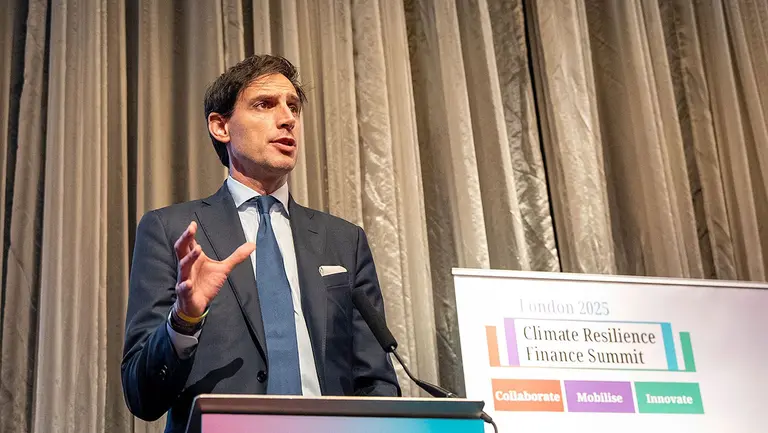 Image of Wopke Hoekstra, EU Commissioner for climate, net zero and clean growth, speaking at the 2025 London Climate Resilience Finance Summit.