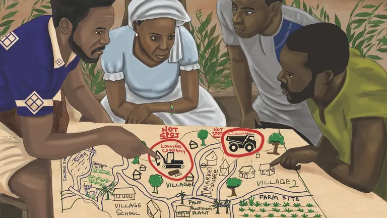 Illustration of four community members crouching down and pointing at a drawn plan for urban planning.