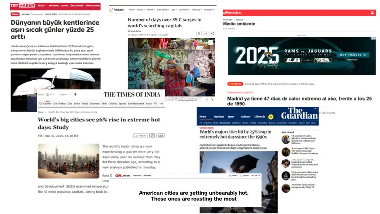 Media coverage from Reuters, CNN, TRT HABER, elPeriodico, the Times of India and the Guardian  of IIED's research on extreme heat in the world's biggest capital cities