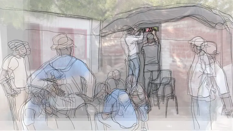 Drawing of a group of people standing and watching one person fix a sign on a building.