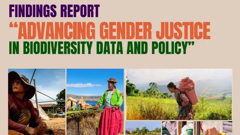Cover of a report with the title saying 'Advancing gender justice in biodiversity data and policy' above images of women farming.