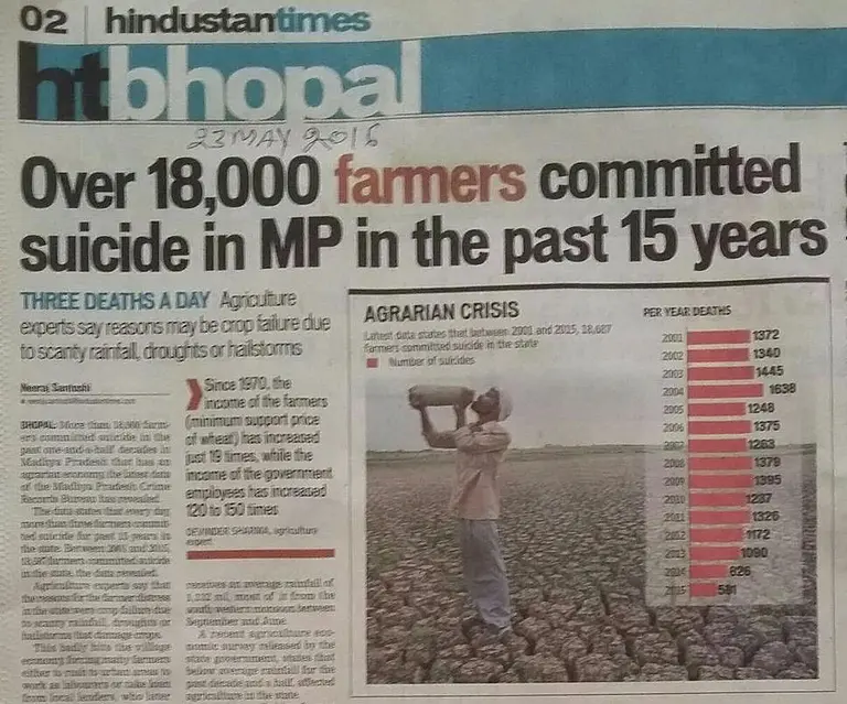 An extract from a newspaper story in the Hindustan Times with the headline: "Over 18,000 farmers committed suicide in MP in the past 15 years"
