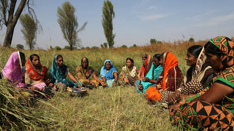 Group of women farmers from India gathered in a field, sitting in a circle and discussing. They are wearing traditional dress.