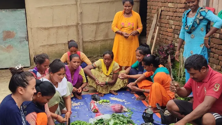 Women group in a farmer field school in Barbardiya Municipality, Nepal, preparing homemade botanical pesticide