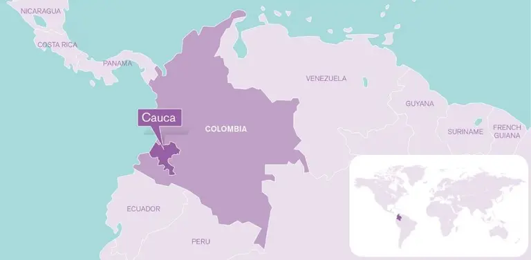 A map of Colombia and its neighbouring countries, highlighting the location of Cauca, with an inset map showing Colombia's location in the world.