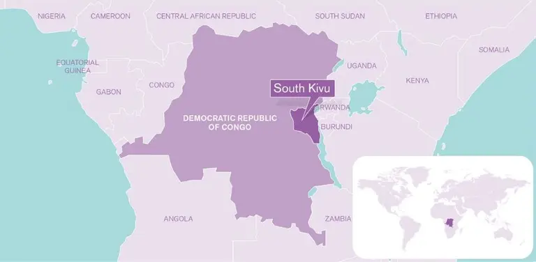 A map of the Democratic Republic of Congo and its neighbouring countries, highlighting the location of South Kivu, with an inset map showing DRC's location in the world.