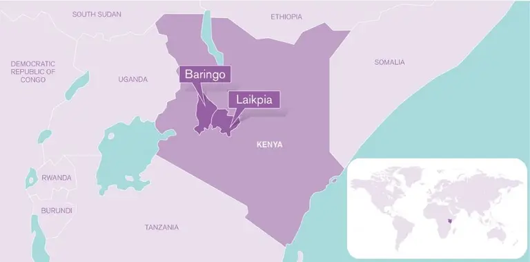A map of Kenya and its neighbouring countries, highlighting the locations of Baringo and Laikpia, with an inset map showing Kenya's location in the world.