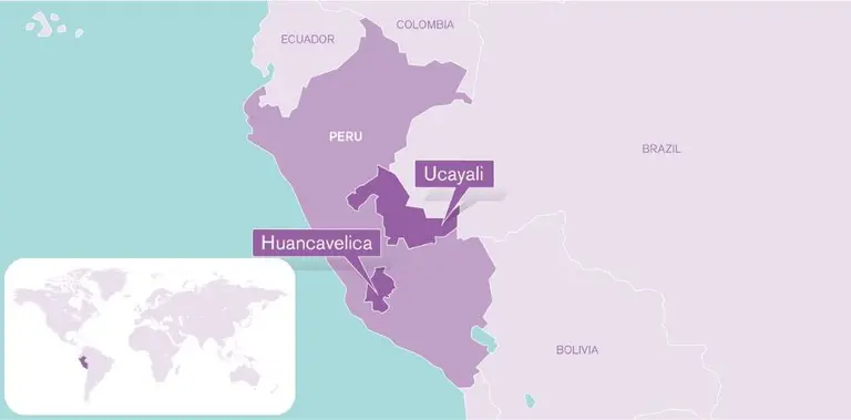 A map of Peru and its neighbouring countries, highlighting the location of Ucayali and Huancavelica, with an inset map showing Peru's location in the world.