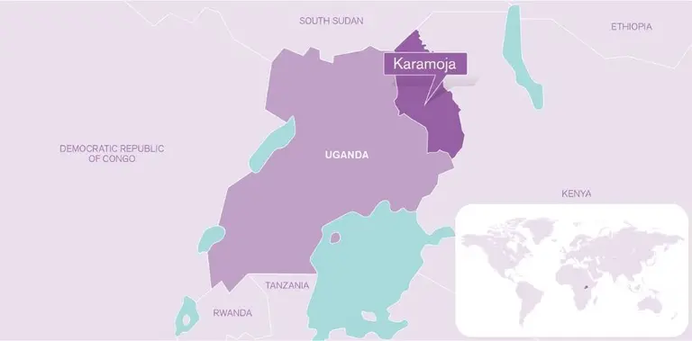A map of Uganda and its neighbouring countries, highlighting the location of Karamoja, with an inset map showing Uganda's location in the world.