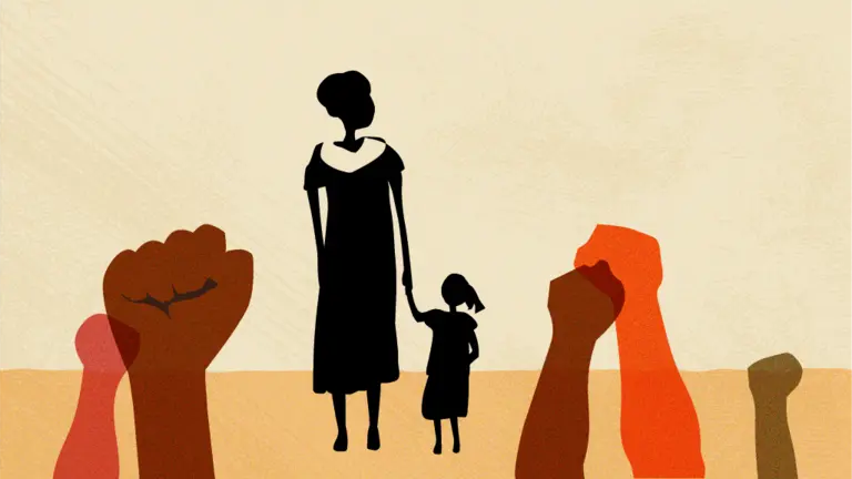 An illustration showing the silhouette of a woman and child standing together, surrounded by several raised fists of different skin tones, symbolising solidarity and the assertion of human rights.