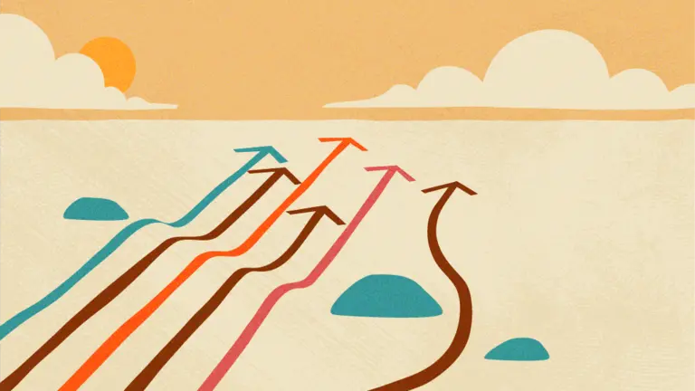 A landscape view showing multiple paths or arrows curving and adapting as they move forward toward a horizon, representing the need for flexible and responsive approaches to nature conservation.