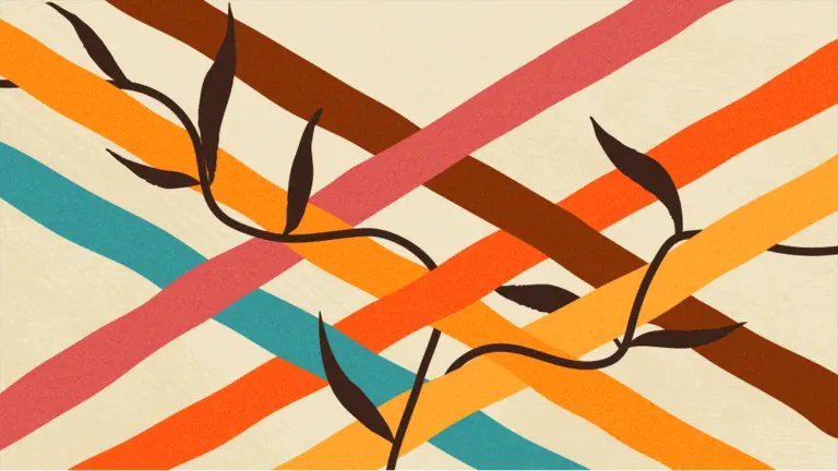 A pattern of woven, colorful intersecting bands intertwined with dark, organic branch-like lines, symbolizing the integration and mutual strength of different types of knowledge systems.