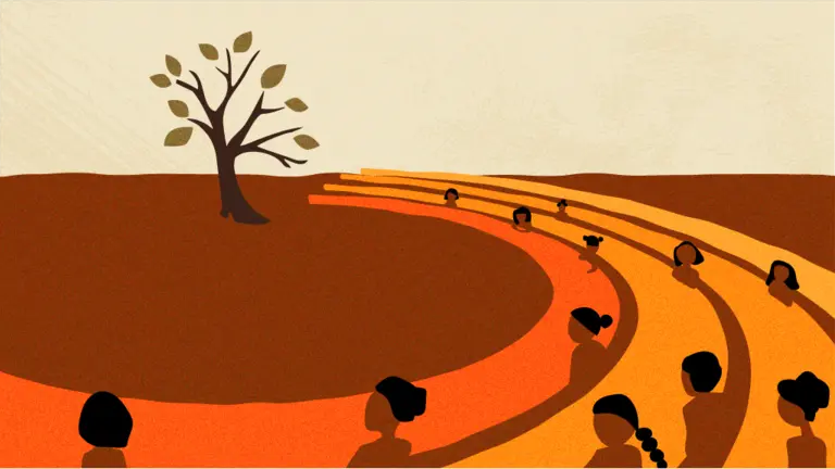 A group of people sitting in a circular arrangement around a central tree, all facing toward it, representing community-led collaborative action and shared investment in nature.