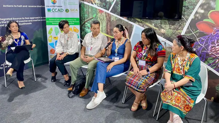 Group of people sitting and speaking as part of a COP30 panel. A few are wearing Guatemalan traditional dress.