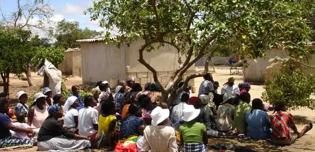 People from Zimbabwe sit under a tree with a concrete building behind.