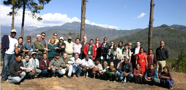 Group of participants stand for a picture during the International Forest Connect workshop in Nepal in February 2013. 