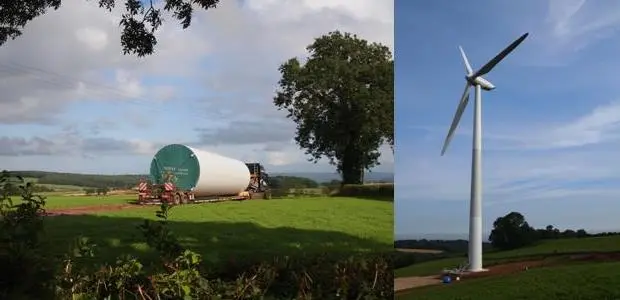 The St Briavels wind turbine in construction (left) and completed (right). Source: Abundance