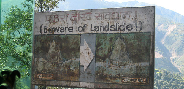 A sign near Kathmandu, Nepal, warns of the dangers of landslides (Photo: Doug Letterman, via Creative Commons http://creativecommons.org/licenses/by/2.0/)