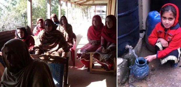 Left: Women and schoolgirls discuss the benefits of harvesting rainwater (Credit: ISET). Right: A girl collects water from the rainwater storage tank (Credit: Fawad Khan)