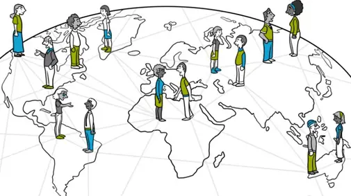 Illustration of people standing on a globe