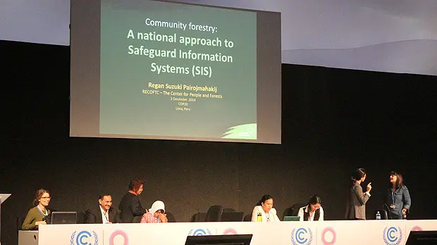Marisa Carmargo presents approaches to equity in forest governance: Lessons for safeguard development at an event at COP20 in Lima (Photo: Donal Yeang via Flickr)
