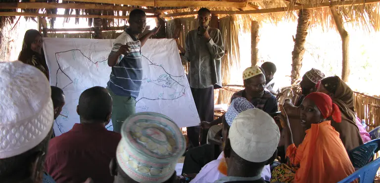 Pastoralists in Isiolo County mapping community resources, such as water sources and good grazing areas. This pilot project developed a mechanism that allows local people to identify investments that can build their resilience to climate change. (Photo: James Pattison/IIED)
