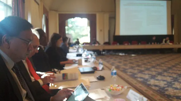 Saleemul Huq, left, discusses 2015's big issues with negotiators and ambassadors from the Least Developed Countries in New York in early April (Photo: Claire Hatfield/IIED)