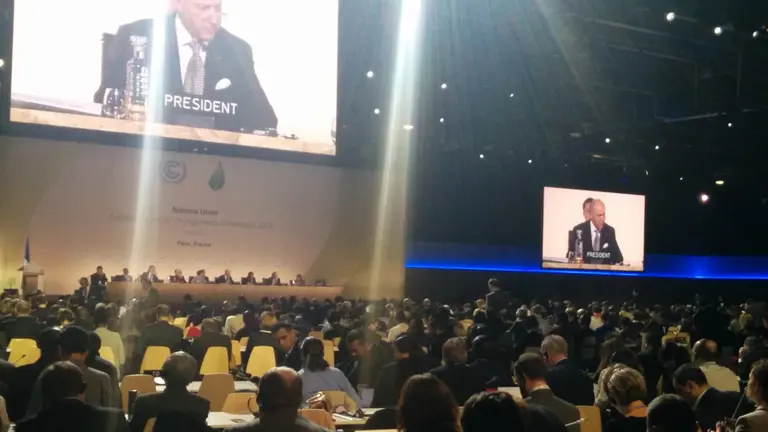 COP21 president Laurent Fabius addresses the evening plenary