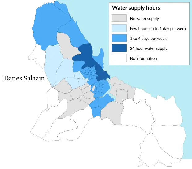 Dar es Salaam region map showing water supply pattern