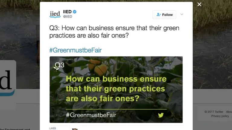The Twitter cards created for IIED's #GreenmustbeFair Twitter chat gave a visual impact to the conversation An example of a Twitter card created for IIED's #GreenmustbeFair Twitter chat