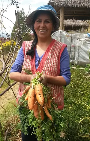 A Bolivian farmer shows off carrots she has produced (Photo: Fundación Alternativas)