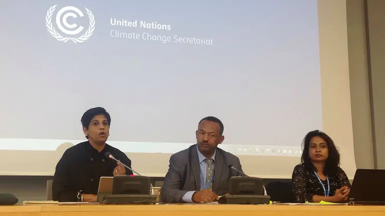 Nazhat Shameem Khan, Fiji's Permanent Representative to the United Nations and chief COP23 negotiator, addresses the LDC Group and chair  Gebru Jember Endalew. IIED principal researcher Achala Abeysinghe, who provides legal support to the LDC Group chair, is pictured right (Photo: Collin Beck)
