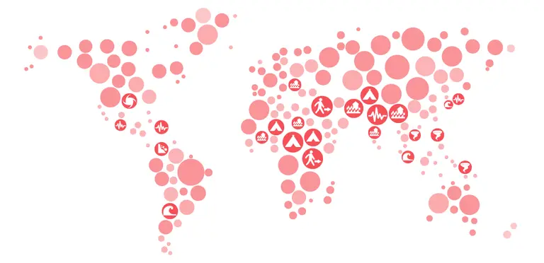 Crises of different types, from displacement to disasters, are now prevalent across the globe. The illustrative map, highlighting recent disasters, uses OCHA (United Nations Office for the Coordination of Humanitarian Affairs) icons