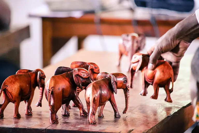 Wooden elephants are positioned during a participative exercise to discover community perspectives on conservation projects, Kenya