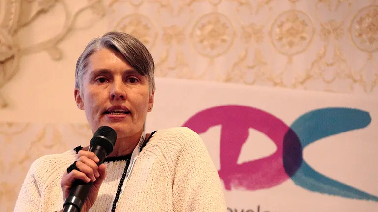 Debra Roberts makes a powerful presentation in the opening session of the 2018 Development & Climate Days (Photo: Alex Wynter/Red Cross Red Crescent Climate Centre)